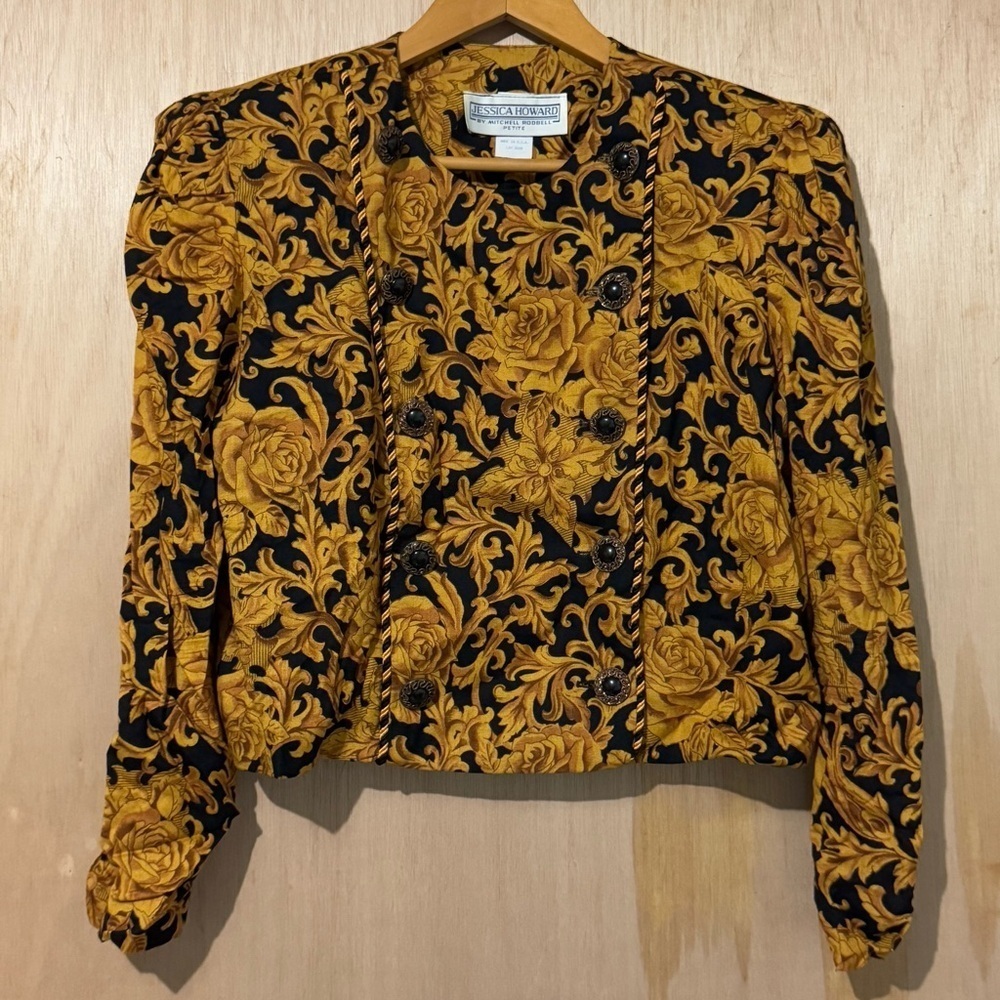 Vintage Jessica Howard Gold Black Floral Print Double Breasted Long Sleeve Top